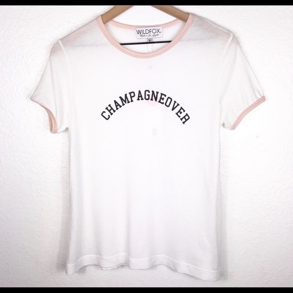 Wildfox | White Casual Fit Pink Lined CHAMPAGNEOVER Tee Shirt | Brunch Vacation - Picture 2 of 9